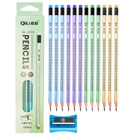 Pack of 12 HB Pencils, Wooden Pencils Set, with Eraser and Sharpener, Children's Pencils, Non-Slip, Triangular Multicoloured, Graphite Pencil for Exams, School, Office, Drawing and Sketching
