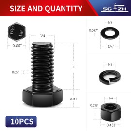 1/4-20 x 1 Hex Head Screw Bolt, Nuts, Flat & Lock Washers, 10Pcs 18-8 (304) Stainless Steel, Fully Threaded, Black Oxide by SG TZH