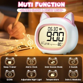Kids Alarm Clock with Night Light for Kids, Small Digital Alarm Clocks for Bedrooms, Routine Builder, Cute Cat Alarm Clock with Sleep Training, Snooze, 12/24H, Date & Day, Temperature, USB Port