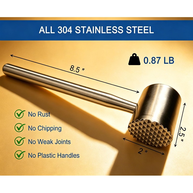 304 Stainless Steel Meat Tenderizer Mallet, Dual-Sided Meat Hammer for