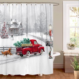Jbralid Winter Christmas Shower Curtain White Snow Vintage Red Truck Holiday Trees and Pet Dog Welcome Home Bathroom Shower Curtain with Hooks Waterproof Home Decor Curtain 72x72 Inch