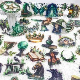 50PCS Forest Witch Stickers – Green Gothic Aesthetic Transparent Scrapbooking Stickers, Witchy Clear Decals for Journaling, Spell Books, Resin Crafts Projects, Tumbler, Laptop