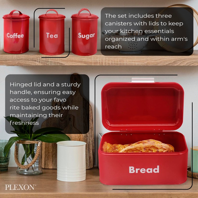 Plexon Bread Box for Kitchen Countertop with 3 Coffee, Tea,
