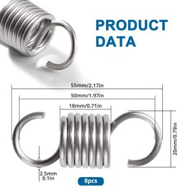 VooGenzek 8 PCS 2.5 * 20 * 50 mm Extension Spring, Stainless Steel Tension Spring with Hooks, Open Dual Hook Tension Spring, for Tents, Awnings, Trampoline