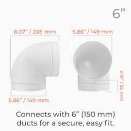 HVAC OV 6” Inch Round Duct Elbow 90 Degree for HVAC and Hydroponics installations. Male Fitting - Push Fit Bend PVC Pipe Connector for Ventilation, Heating, Cooling - Ducting Adapter