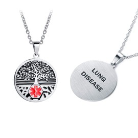 QeenseKc Tree of Life Medical Alert ID Necklace for Women Men Stainless Steel Lung Disease Medical Identification Pendant Jewelry