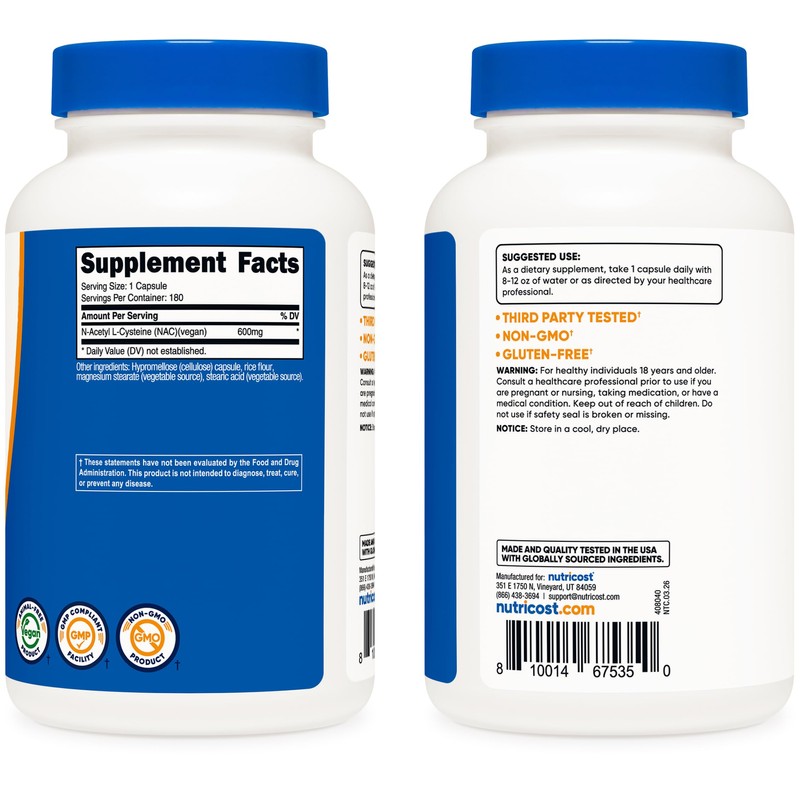 Nutricost N-Acetyl L-Cysteine (NAC) 600mg, 180 Capsules - Non-GMO, Gluten