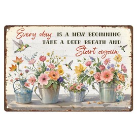 DOODLREAM Flower Wall Decor Sign Everyday Is a New Beginning Take a Deep Breath and Start Again Floral Vintage Metal Tin Sign Gift for Mom Wife Girlfriend Women