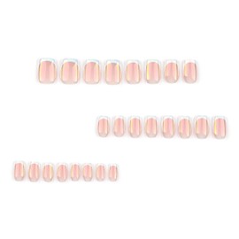 IMRAIN Laser Press on Nails Short Square Fake Nails Chrome White French Tips False Nails Aurora Glossy Glue on Nails Full Cover Acrylic Gel Nature Nails Press ons 24Pcs