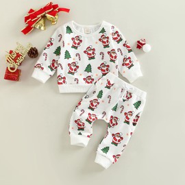 Sprifallbaby Toddler Baby Boy Girl Clothes Set Santa Christmas Tree Print Long Sleeve Sweatshirt Tops With Pant Outfits 2Pcs (White, 12-18 Months)