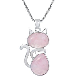 KYEYGWO Crystal Cat Necklace for Women Men, Rose Quartz Necklaces Animal Kitten Jewellery Cute Cat Gifts for Cat Lovers