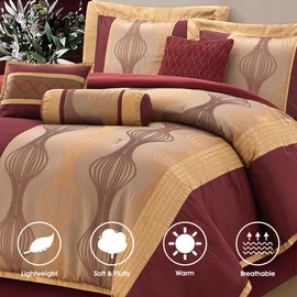 LANCO MODERN LIFESTYLE California King Comforter Set, Wine Gold, 7 Pieces in a Bag, Soft Jacquard with Solid Piecework, Luxury Bed Set with Comforters, Bed Skirt, Pillow Shams and Decorative Pillows