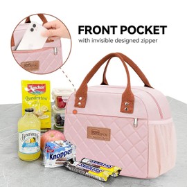 HOMESPON Insulated Lunch Bag for Women Men Adults Lunch Tote with Front Pocket Lunch Box Container Cooler Bag for Work Picnic (Pink with Side Pockets)