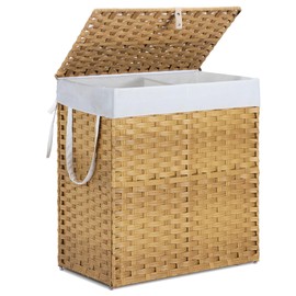 DUMOS Woven Laundry Basket with Lid, 110L Large Capacity Hamper, Removable & Machine-Washable Liner, Foldable Rattan Clothes Hamper, Sturdy Steel Frame, Odor Control, Goose Yellow