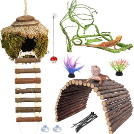 Lanxitown 6 PCS Bearded Dragon Accessories Natural Moss Coconut Shell Hut Leopard Gecko Tank Accessories Reptile Hide Bendable Climbing Ladder Lizard Tank Decor