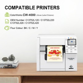 YOUEXPERT SJIC41P Ink Cartridges Remanufactured C13T52L120 C13T52L220 C13T52L320 C13T52L420 Compatible for ColorWorks CW-C4000 Color Inkjet Gloss Label Printer (BK, C, M, Y, 4Pack)