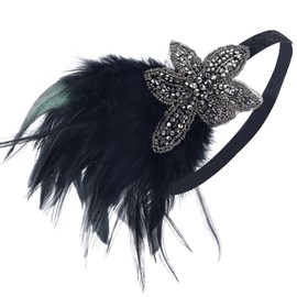 LOWOSAIWOR 1920S Headband For Women Feather 20s Gatsby Headpiece Flapper Headband for Girl (Black+Grey, one size)