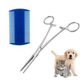 1 Straight-Headed Stainless Steel Pliers, with 1 Double-Ended Lice Removal Comb, Multi-Function Tweezers, Pet Plucking Clip, Fishing Unhooking Pliers, Disinfection Cotton Ball Clip (12.5cm)
