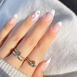 Synaty Acrylonitrile Butadiene Styrene 24Pcs Everlasting French Nails Artificial Nails Art Set (Almond Tai Chi), White