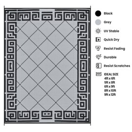 DEK GHIBIS Outdoor Rug for Patio Clearance, 8x10 Ft Waterproof Mat, Reversible Plastic Straw Camping Rugs, Outdoor Indoor RV Mat Carpet for Porch, Deck, Camper, Balcony, Backyard, Black/Grey