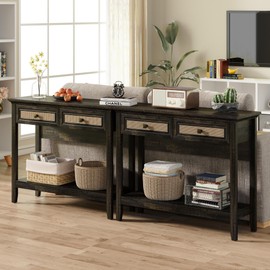 RoyalCraft Console Table with Storage and Rattan Drawers, Boho Entryway Table with Storage & Widened Tabletop, Wood Boho Sofa Table, Console Tables for Entryway, Living Room, Hallway