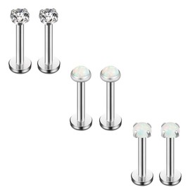 Ruifan 3mm White Opal & Clear CZ Internally Threaded Stainless Steel Labret Monroe Lip Ring Tragus Helix Earring Stud 16G 5/16" 8mm 6PCS