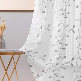 MIULEE Decorative Sheer Curtains with Embroidered Leaf Pattern for Living Room Elegant Grommet Embroidery Window Voile Bedroom Drape 2 Panels 54 x 90 Inches Grey