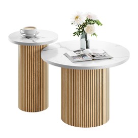 Concho Nesting Coffee Table Oak Set of 2, Marble and Round End Tables for Living Room, Fluted Side Tables with Wood Frame and Brushed Aluminum Edges, Modern Drink Desk for Bedroom, Office