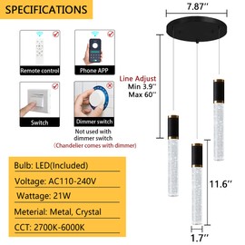 dolria Mini Chandelier for Kitchen Island Modern Crystal Pendant Lighting LED Dining Room Hanging Lights Cylinder Drop Lights Ceiling Lighting Fixture Kitchen Sink Bedroom Bathroom 2700K 6000K