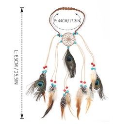 Zoestar Boho Peacock Feather Headband Khaki Vintage Indian Headpiece Hippie Tribal Head Chain 1920s Festival Hair Jewelry Retro Hair Accessories for Women and Girls