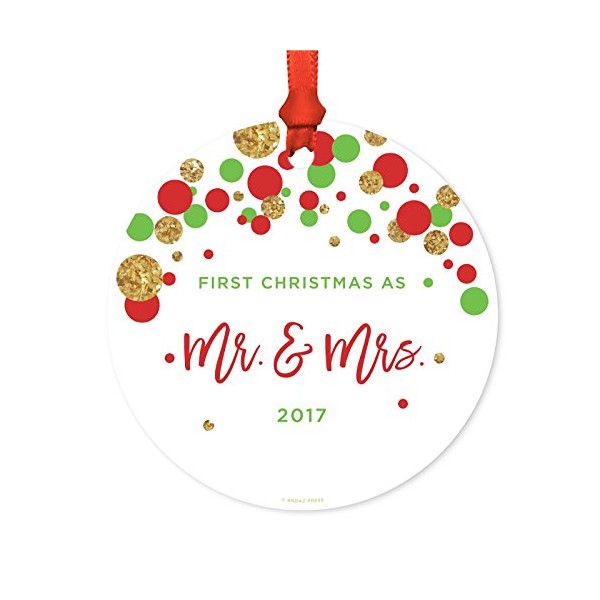 Andaz Press Family Metal Christmas Ornament, Our First Christmas as Mr. & Mrs. 2022, Red Green Gold Glittering, 1-Pack, Includes Ribbon and Gift Bag