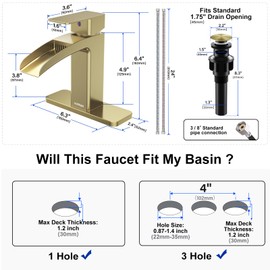 Bathroom Faucets, Single Handle 1 or 3 Hole Bathroom Sink Faucet with Pop-up Drain, Stainless Steel Waterfall Faucet for Bathroom Sink, Faucet with Deck Plate for Vanity RV Outdoor, Brushed Gold