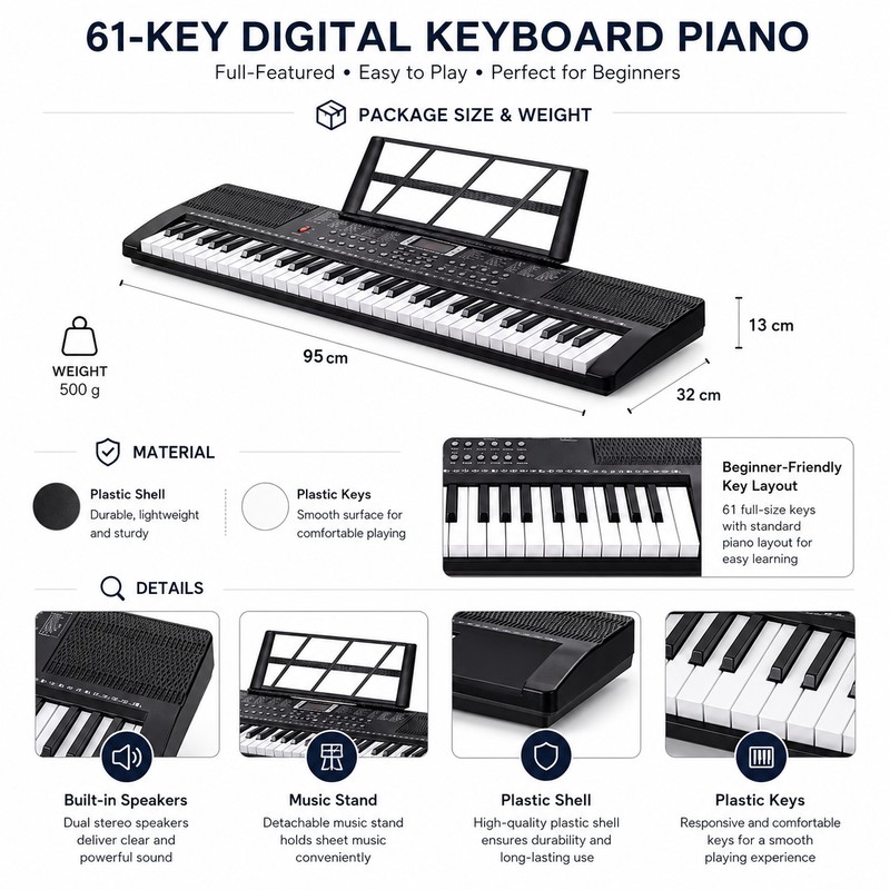 61-Key Digital Keyboard Piano for Beginners – Portable Electric Piano