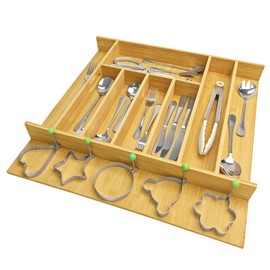 APMOE Bamboo Drawer Organizer with Handle, Silverware Utensil Drawer Organizer can be Trimmed, Wood Drawer Organizer for Flatware, Knives In Kitchen, Bedroom, Living Room(20.6" W x 19.5" D x 2.4" H)