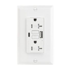 BAOMAIN Self-Test GFCI Combination with USB in-Wall, Tamper Resistant(TR) 20A 4.8A 5VDC LED Indicator Outlet with USB Charger,White Wall Plate Included BCG-004U (USB Type A/C, 1)