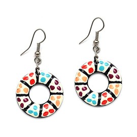 Hand painted colourful spotty donut coconut shell hoop drop earrings