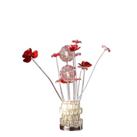 Benjara Accent Table Lamp, LED, Red Roses, Crystal Square Vase, Chrome 21 Inch