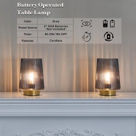 LUSHARBOR Battery Powered Lamp with Timer, Table Lamps Battery Operated, Cordless Small Battery Lamp with LED Bulb, Decorative Bedside Lamp for Living Room Grey