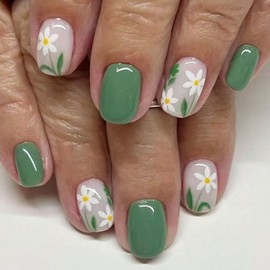 Short Press on Nails Square Fake Nails Green Nails Press ons Glossy Glue on Nails Spring Summer Acrylic Nails White False Nails with Floral designs Artificial Stick on Nails for Women 24Pcs