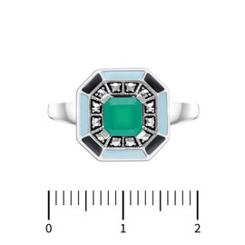 Esse Marcasite Sterling Silver Square Cut Green Chalcedony Marcasite & Enamel Detailed Art Deco Ring (M)