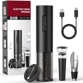 GHB Corkscrew Electric 8 in 1 Rechargeable Electric Bottle Opener with Base USB Charging Cable Foil Cutter Wine Pourer and Vacuum Stopper Gift Idea for Wine Lovers
