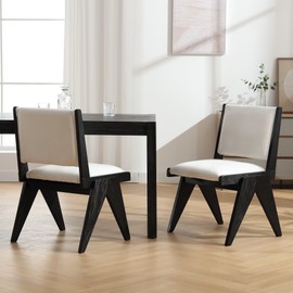 BESTANO Mid Century Modern Farmhouse Dining Chairs Set of 2 Velvet Upholstered Dining Room Chairs with Black Wood Legs, Kitchen Accent Armless Side Chairs with Square Backrest, Beige