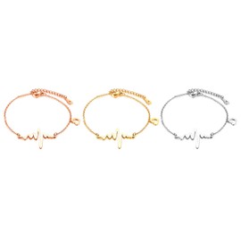Flongo Women's Bracelet Bangle Friendship Bracelets BFF Chains for 3, Stainless Steel Bracelet Chain Silver Rose Gold with Electrocardiogram ECG Heartbeat and Heart Pendant, Stainless Steel