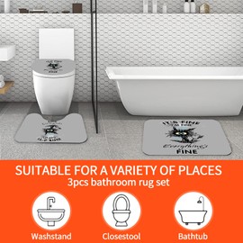 4Pcs Black Cat Shower Curtain Sets with Rugs Toilet Lid Cover and U Shape Mat,Cute Cat Shower Curtains for Bathroom 72x72in Funny Inspirational Quotes Waterproof Polyester Grey Fabric Bathroom Decor