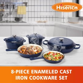 Hisencn Enameled Cast Iron Cookware Set, 8 Piece of Casserole, Dutch Ovens, Skillet and 3 Lids, Ceramic Coated Cast Iron Dutch Oven Set, Gas/Induction Compatible, PFA Free, with Pan Rack, Navy