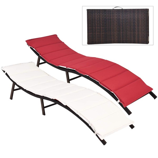 COSTWAY 2PCS Patio Rattan Folding Lounge Chair Chaise Stackable Double