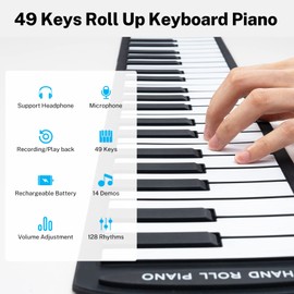 POGOLAB POGOLAB 49 Key Roll Up Keyboard Piano, Portable Digital Electric Foldable Piano Keyboard, Rechargeable, 47 Tones, 14 Educational Demo Songs, for Beginners Gift (Black & White Key)