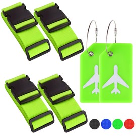 Pack of 4 Luggage Strap, Green Luggage Strap, Adjustable Luggage Straps with 2 Luggage Tags with Address Label, Luggage Strap for Air Travel, Fixed Luggage on Cruise