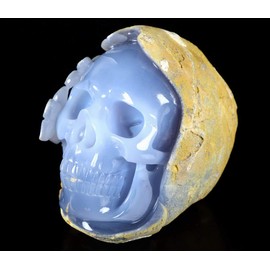 Skullis 4.8" Blue Chalcedony Crystal Skull, Original Desgin, Hand Carved Gemstone Fine Art Sculpture, Reiki Healing Stone Statue. 220