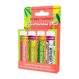 Crazy Rumors Adventurous Mix Lip Balm 4-Pack Mix (Ginger Peach, Mint Lemongrass, Citrus Bergamot, Mystery Flavor) 100% Natural, Vegan, Plant-Based, Made in USA